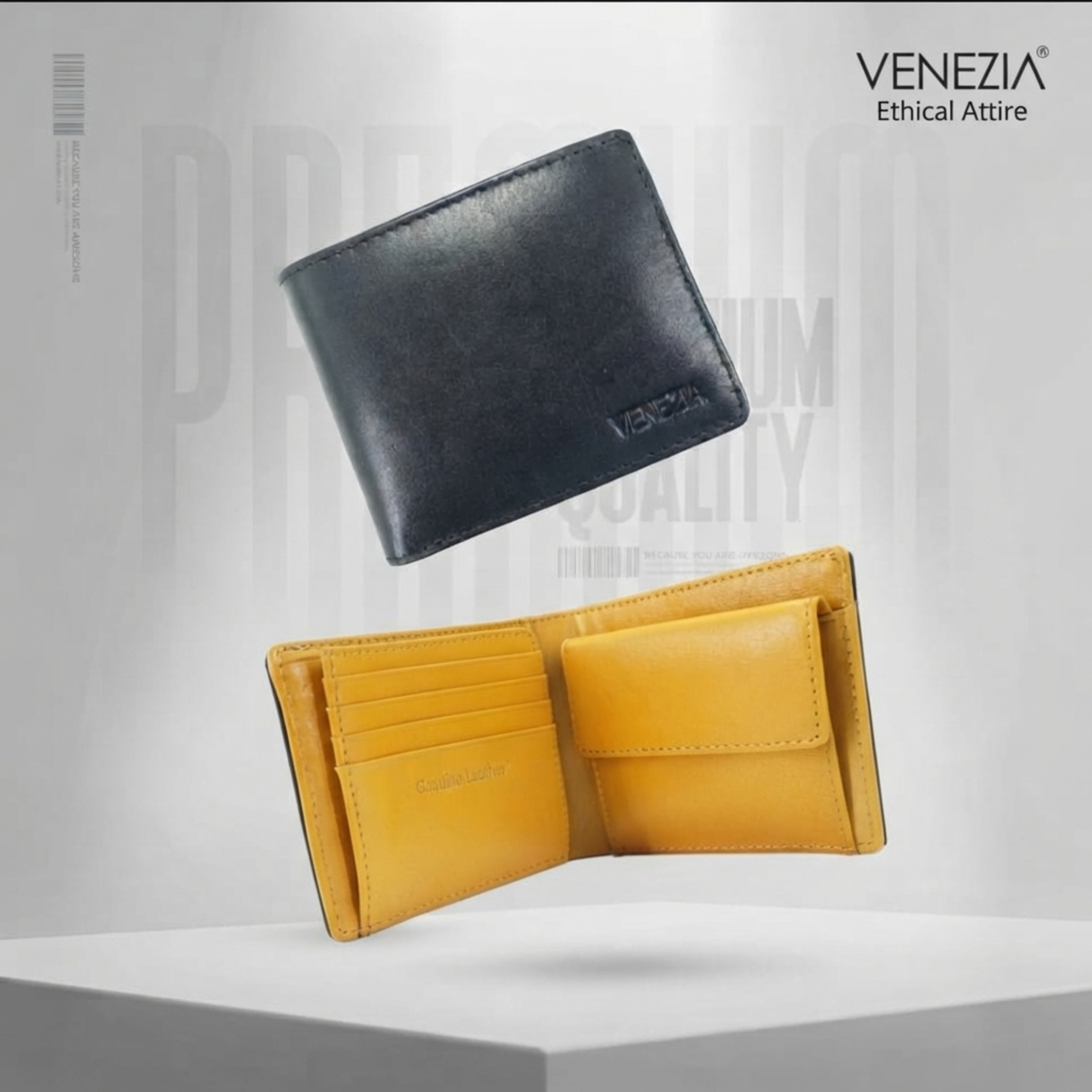 Venezia Noir — Black Bi-Fold Leather Wallet with Mustard Interior