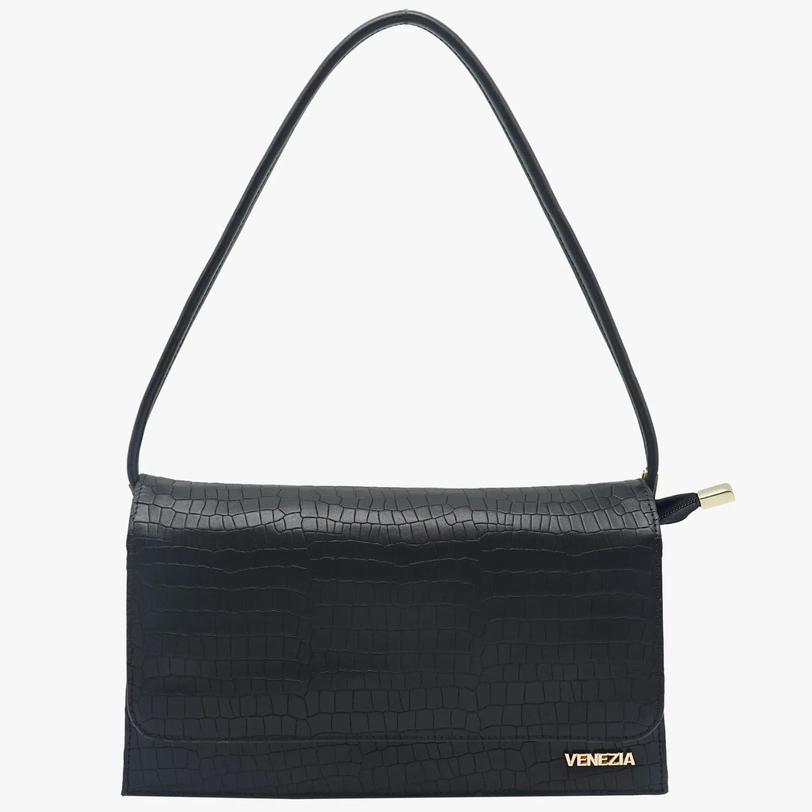 Venezia Black Croc-Embossed Shoulder Bag