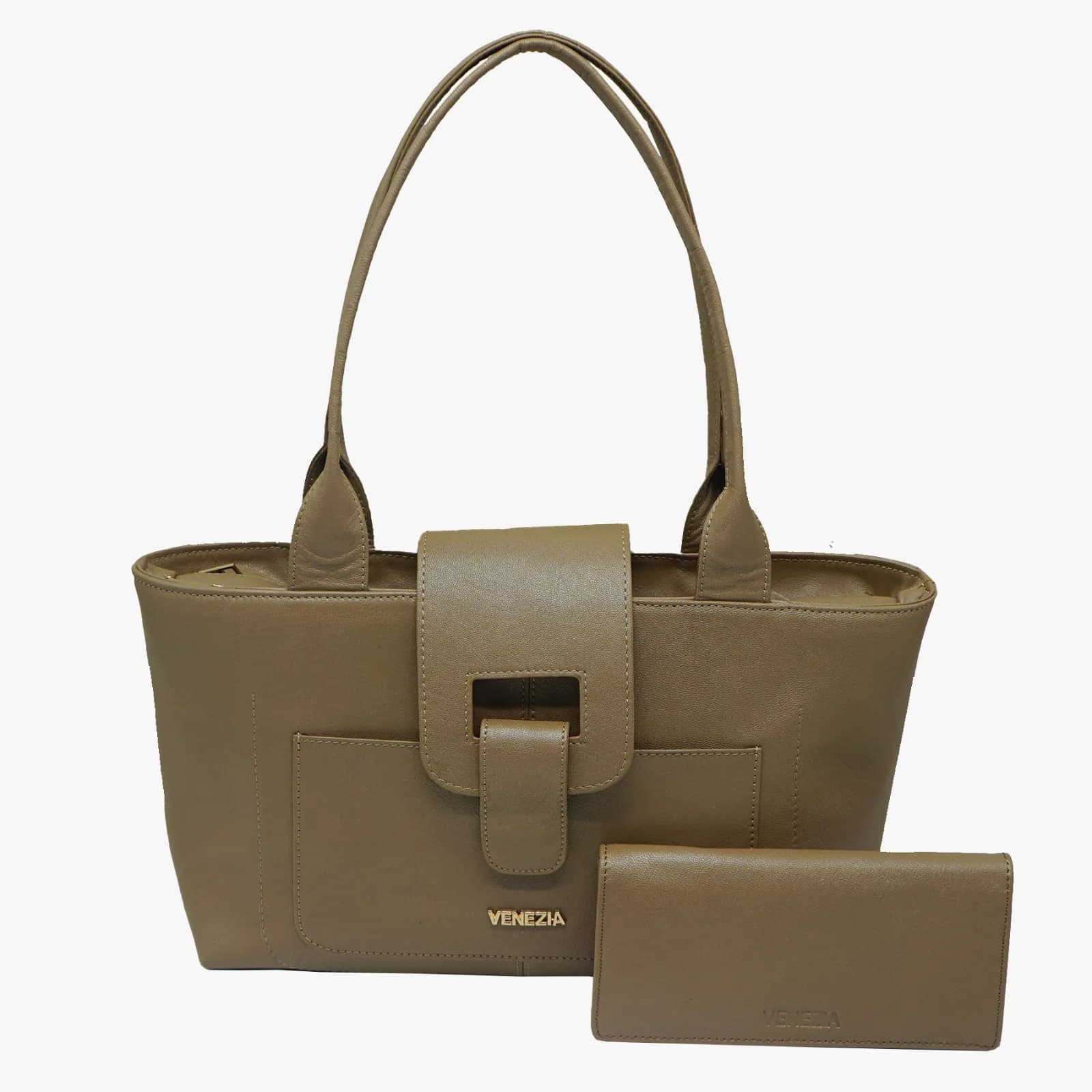 Venezia Khaki Leather Handbag Set with Wallet