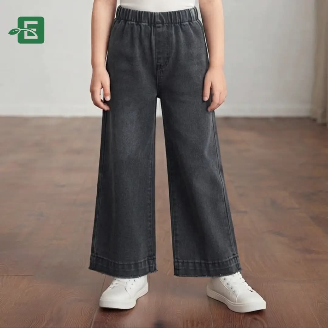 Girls' Dark Grey Wide-Leg Denim Pants