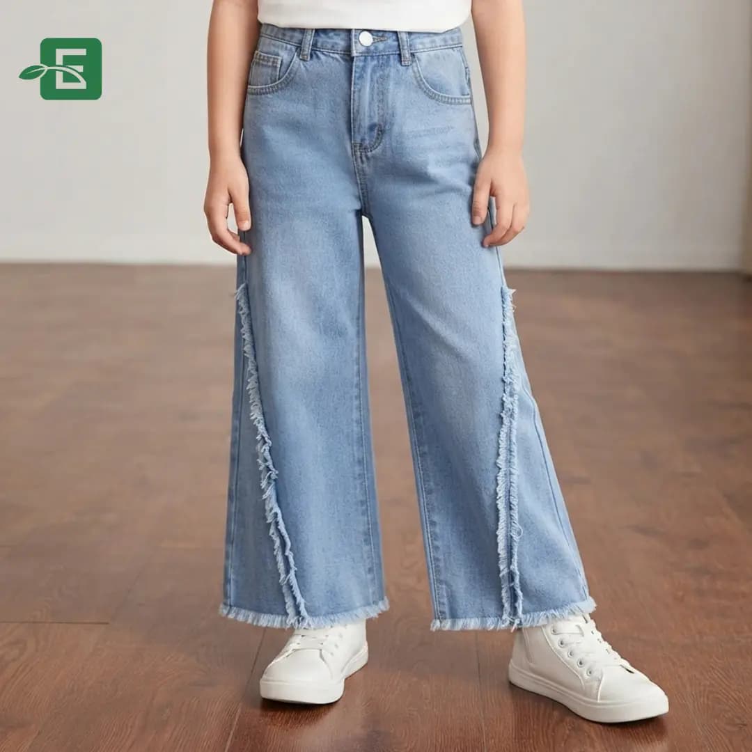 Girls' Light Blue Frayed Wide-Leg Denim Pants