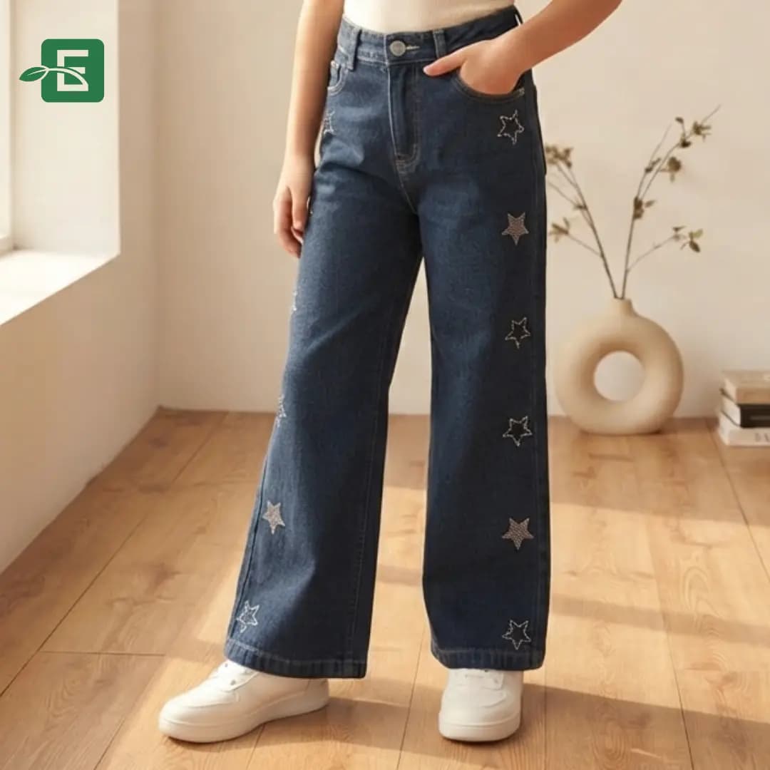 Girls' Dark Blue Star Embroidered Wide-Leg Denim Pants
