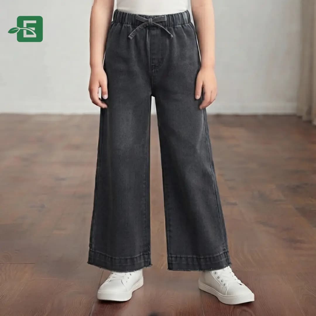 Girls' Charcoal Wide-Leg Drawstring Denim Pants