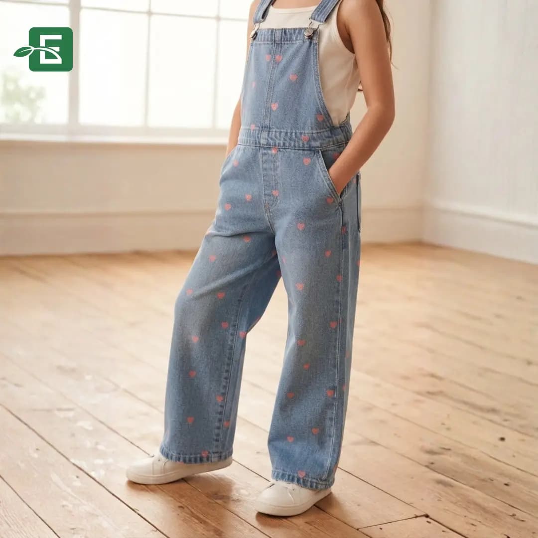 Girls' Light Blue Heart Print Denim Overalls