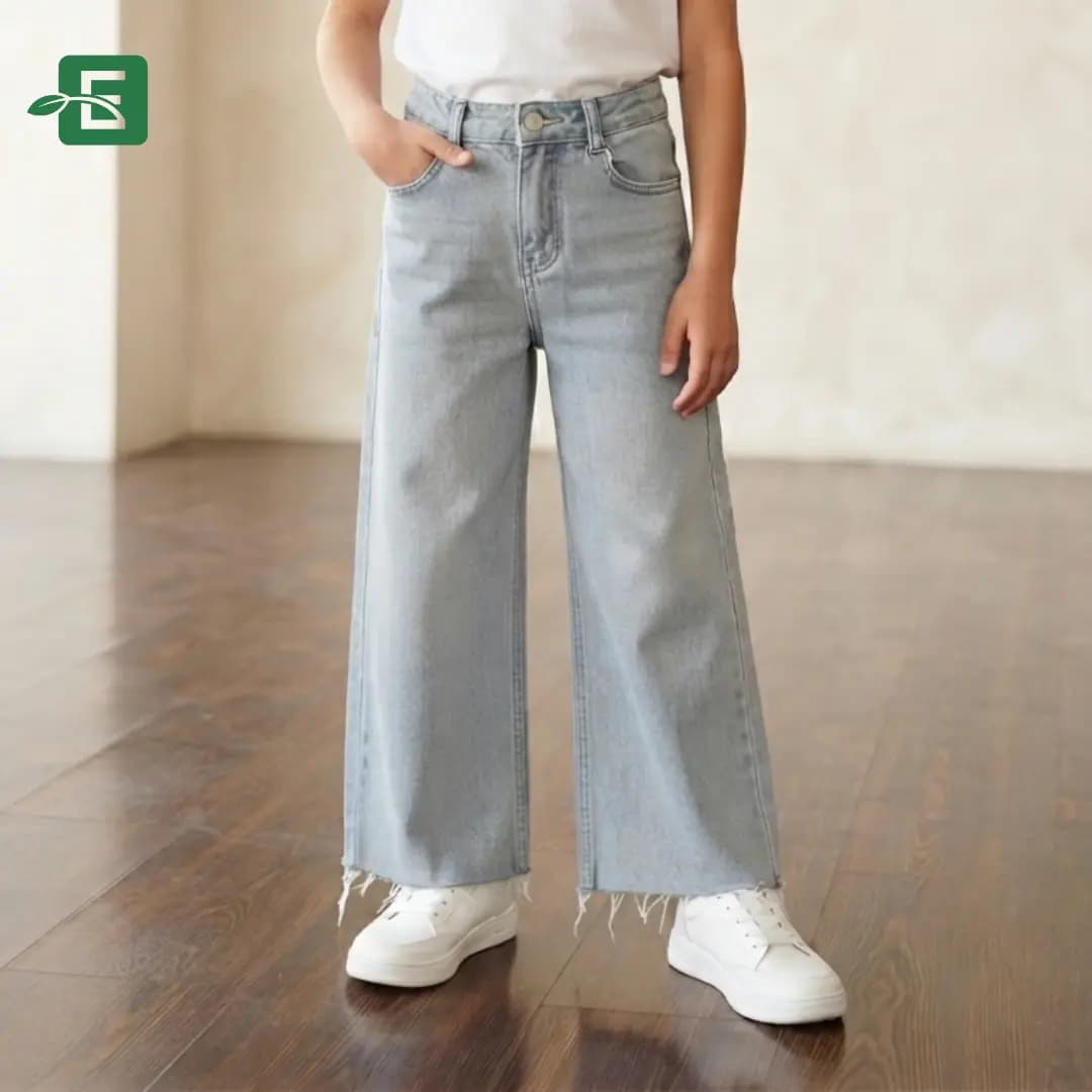 Girls' Light Blue Frayed-Hem Wide-Leg Denim Pants